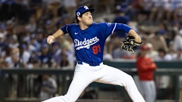 Feb 28, 2025; Phoenix, Arizona, USA; Los Angeles Dodgers pitcher Jack Little against the Los Angeles Angels during a spring training game at Camelback Ranch-Glendale. Mandatory Credit: Mark J. Rebilas-Imagn Images