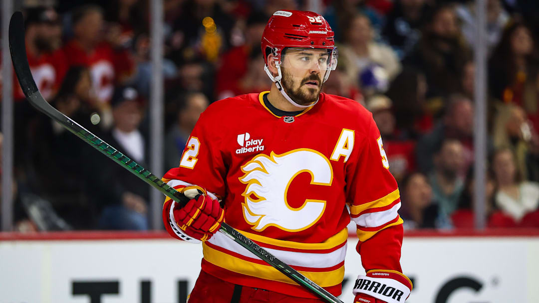 Jan 31, 2026; Calgary, Alberta, CAN; Calgary Flames defenseman MacKenzie Weegar (52) against the San Jose Sharks during the first period at Scotiabank Saddledome. Mandatory Credit: Sergei Belski-Imagn Images