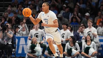 Mar 23, 2024; Charlotte, NC, USA; North Carolina Tar Heels guard Seth Trimble (7) against Michigan State Spartans at Spectrum Center. Mandatory Credit: Jim Dedmon-Imagn Images