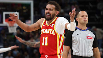 Mar 3, 2025; Memphis, Tennessee, USA; Atlanta Hawks guard Trae Young (11) reacts after a delay of game call during the third quarter against the Memphis Grizzlies at FedExForum. Mandatory Credit: Petre Thomas-Imagn Images