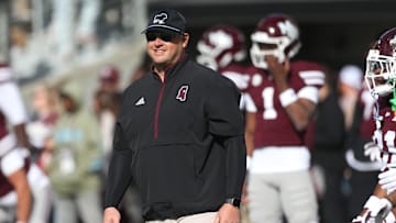 Nov 28, 2025; Starkville, Mississippi, USA; Mississippi State Bulldogs head coach Jeff Lebby looks on before the game against the Mississippi Rebels at Davis Wade Stadium at Scott Field. Mandatory Credit: Petre Thomas-Imagn Images