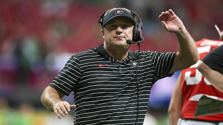 Sep 3, 2022; Atlanta, Georgia, USA; Georgia Bulldogs head coach Kirby Smart on the sideline against the Oregon Ducks in the second half at Mercedes-Benz Stadium. Mandatory Credit: Brett Davis-Imagn Images
