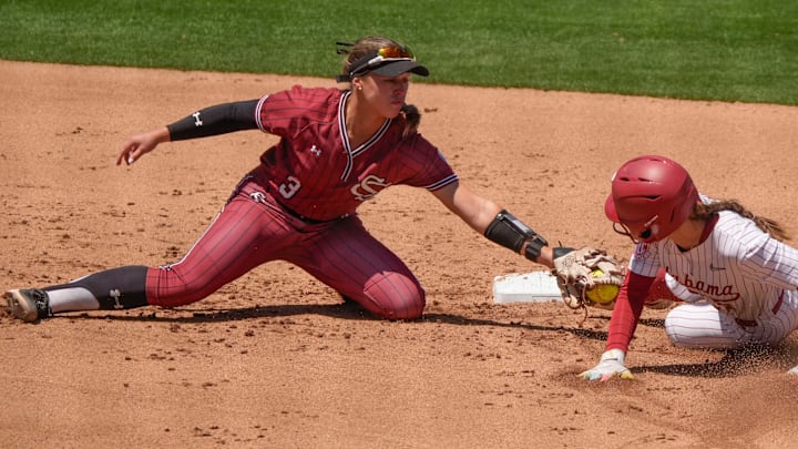 May 2, 2026; Tuscaloosa, AL, USA; Alabama base runner Jena Young makes a good slide to avoid a tag by South Carolina shortstop Shae Anderson for a steal at Rhoads Stadium in the game 3 of the series between South Carolina and Alabama.