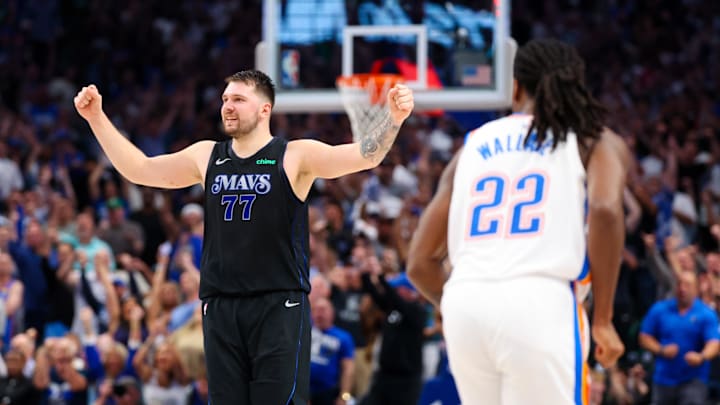 May 18, 2024; Dallas, Texas, USA;  Dallas Mavericks guard Luka Doncic (77) reacts in front of Oklahoma City Thunder guard Cason Wallace (22) during the second half in game six of the second round of the 2024 NBA playoffs at American Airlines Center. Mandatory Credit: Kevin Jairaj-Imagn Images