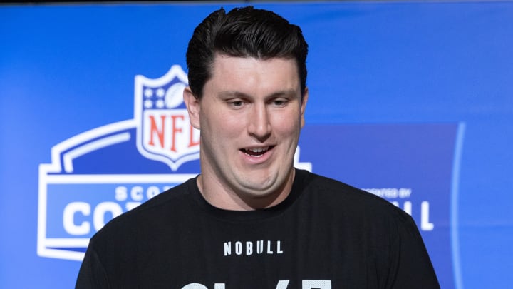 Mar 4, 2023; Indianapolis, IN, USA; Southern California offensive lineman Andrew Vorhees (OL47) speaks to the press at the NFL Combine at Lucas Oil Stadium. Mandatory Credit: Trevor Ruszkowski-USA TODAY Sports