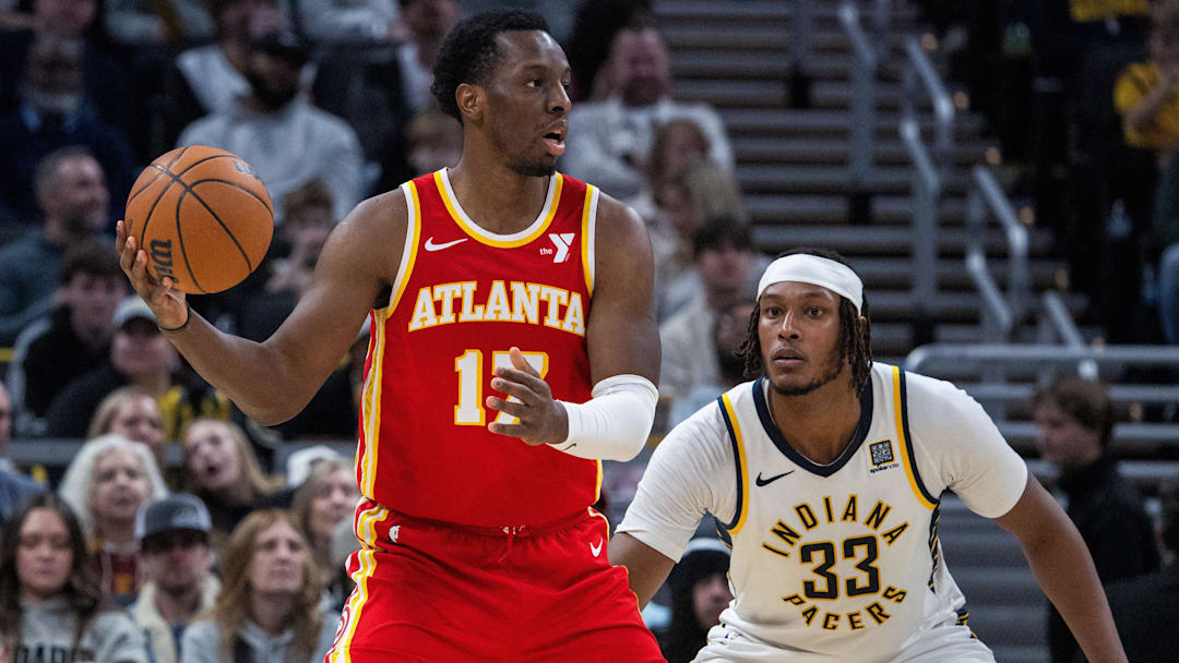 Atlanta Hawks forward Onyeka Okongwu (17) holds the ball against Indiana Pacers center Myles Turner (33) in the second half at Gainbridge Fieldhouse.