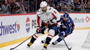 Nov 15, 2024; Denver, Colorado, USA; Washington Capitals left wing Alex Ovechkin (8) controls the puck ahead of Colorado Avalanche right wing Valeri Nichushkin (13) in the third period at Ball Arena. Mandatory Credit: Isaiah J. Downing-Imagn Images