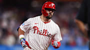Sep 24, 2025; Philadelphia, Pennsylvania, USA; Philadelphia Phillies outfielder Kyle Schwarber (12) runs the bases after hitting a home run during the seventh inning against the Miami Marlins at Citizens Bank Park. Mandatory Credit: Bill Streicher-Imagn Images