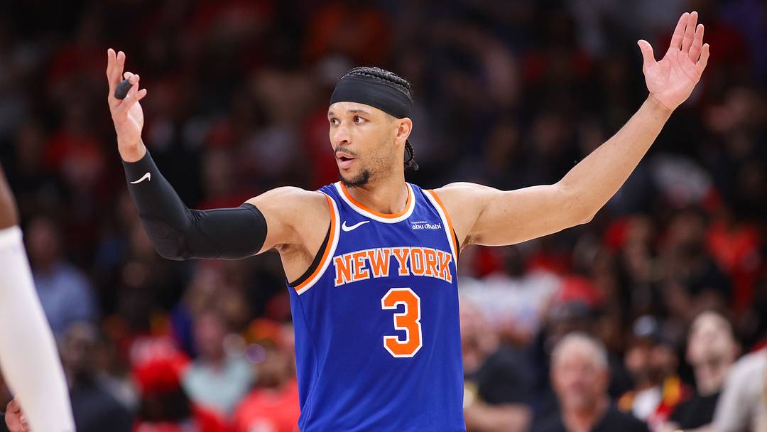 Apr 23, 2026; Atlanta, Georgia, USA; New York Knicks guard Josh Hart (3) reacts to a call against the Atlanta Hawks in the fourth quarter during game three of the first round of the 2026 NBA Playoffs at State Farm Arena. Mandatory Credit: Brett Davis-Imagn Images