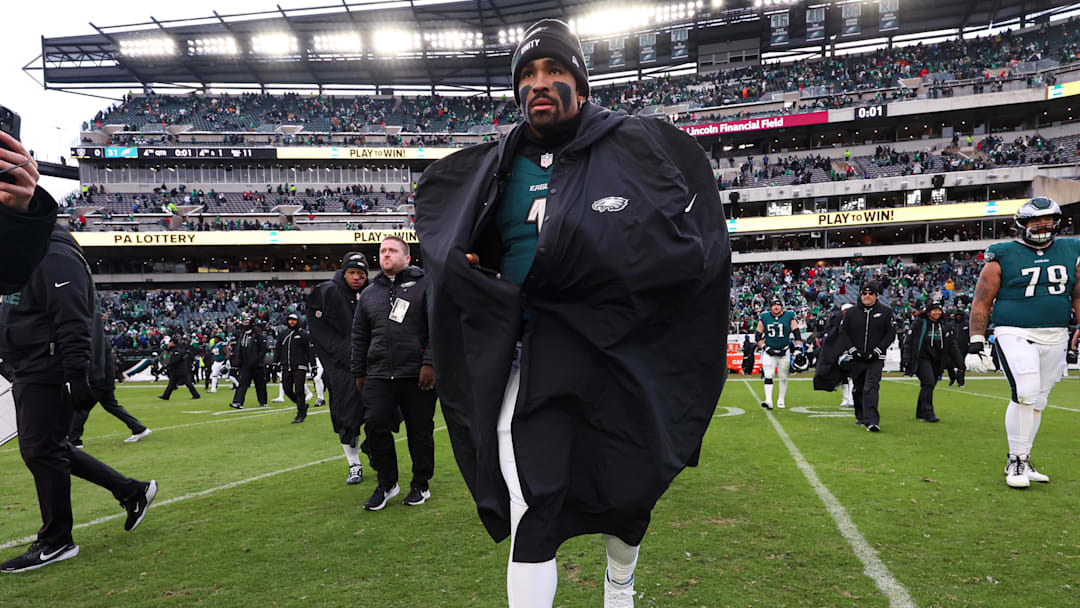Dec 14, 2025; Philadelphia, Pennsylvania, USA; Philadelphia Eagles quarterback Jalen Hurts (1) walks across the field after a victory against the Las Vegas Raiders at Lincoln Financial Field. Mandatory Credit: Bill Streicher-Imagn Images Dec 14, 2025; Philadelphia, Pennsylvania, USA; Philadelphia Eagles quarterback Jalen Hurts (1) walks across the field after a victory against the Las Vegas Raiders at Lincoln Financial Field. Mandatory Credit: Bill Streicher-Imagn Images