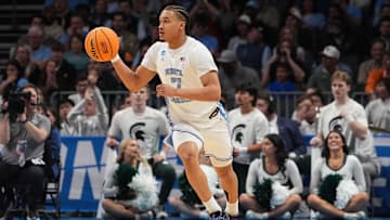 Mar 23, 2024; Charlotte, NC, USA; North Carolina Tar Heels guard Seth Trimble (7) against Michigan State Spartans at Spectrum Center. Mandatory Credit: Jim Dedmon-Imagn Images