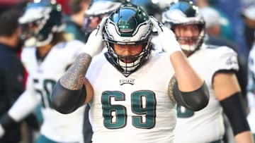 Dec 20, 2020; Glendale, Arizona, USA; Philadelphia Eagles offensive tackle Matt Pryor (69) against the Arizona Cardinals at State Farm Stadium. Mandatory Credit: Mark J. Rebilas-Imagn Images