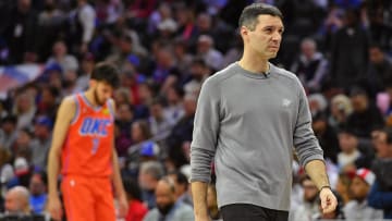 Apr 2, 2024; Philadelphia, Pennsylvania, USA; Oklahoma City Thunder head coach Mark Daigneault against the Philadelphia 76ers during the third quarter at Wells Fargo Center. Mandatory Credit: Eric Hartline-USA TODAY Sports