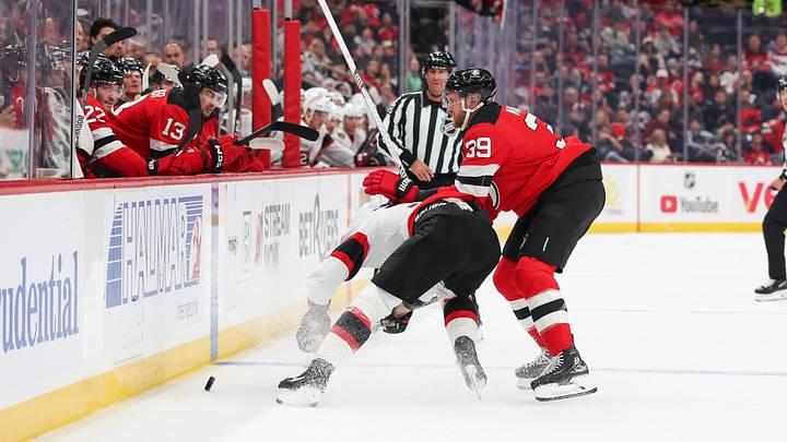 Anthony Mantha and Nikolas Matinpalo in a puck battle just outside the Devils blue line. Mantha sent Matinpalo into the boards and was given a five minute major for the hit.