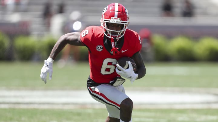 Apr 13, 2024; Athens, GA, USA; Georgia Bulldogs wide receiver Dominic Lovett (6) runs with the ball during the G-Day Game at Sanford Stadium. Mandatory Credit: Mady Mertens-USA TODAY Sports