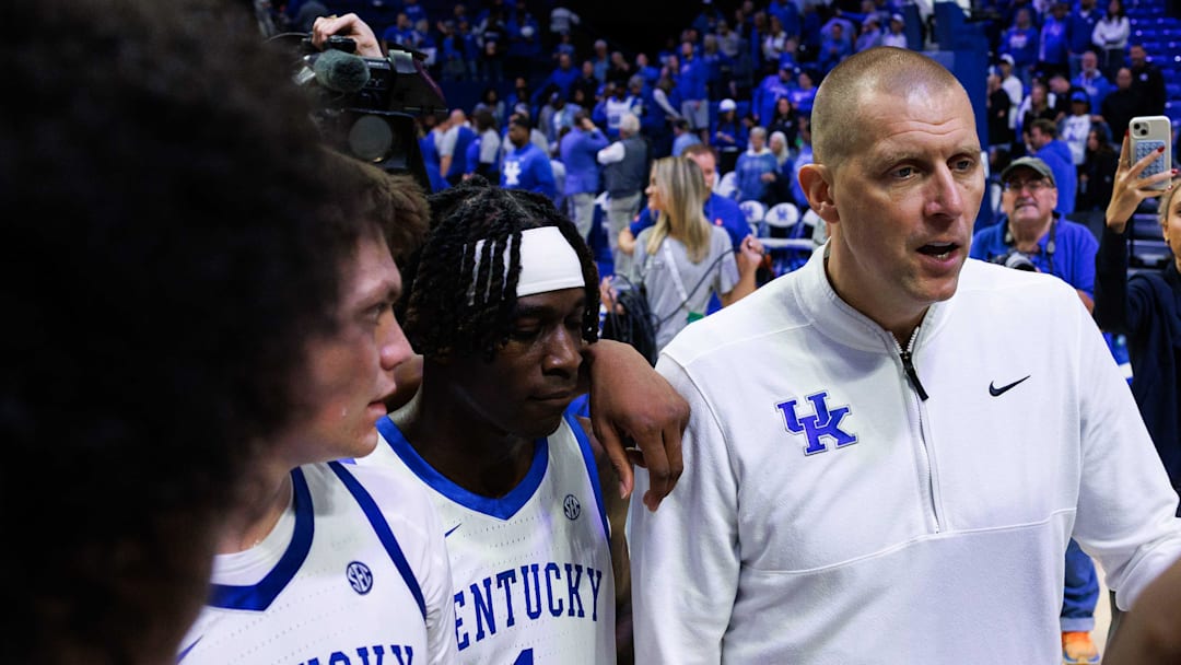 Oct 24, 2025; Lexington, KY, USA; Kentucky Wildcats head coach Mark Pope huddles up with his team after the game against the Purdue Boilermakers at Rupp Arena at Central Bank Center. Mandatory Credit: Jordan Prather-Imagn Images
