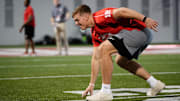 Ohio State Buckeyes quarterback Will Howard warms up for his pro day workout in front of NFL scouts at the Woody Hayes Athletic Center on March 26, 2025.