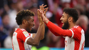 FC Bayern München v Sport-Club Freiburg - Bundesliga - Coman and Mazraoui embrace - two players who could leave Bayern this summer 