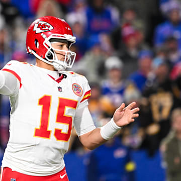 Nov 2, 2025; Orchard Park, New York, USA; Kansas City Chiefs quarterback Patrick Mahomes (15) throws the ball in the second half against the Buffalo Bills at Highmark Stadium. Mandatory Credit: Mark Konezny-Imagn Images