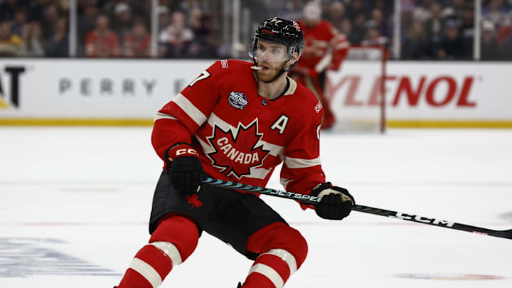 Feb 20, 2025; Boston, MA, USA; [Imagn Images direct customers only] Team Canada forward Connor McDavid (97) during the 4 Nations Face-Off ice hockey championship game against the United States at TD Garden. Mandatory Credit: Winslow Townson-Imagn Images
