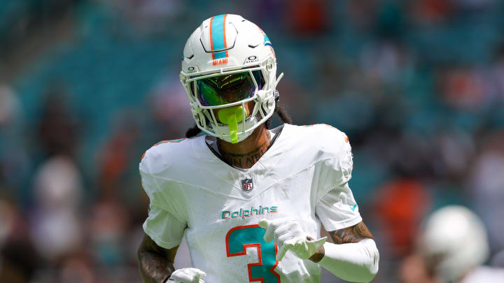 Miami Dolphins wide receiver Robbie Chosen (3) warms up before a game against the Denver Broncos at Hard Rock Stadium.