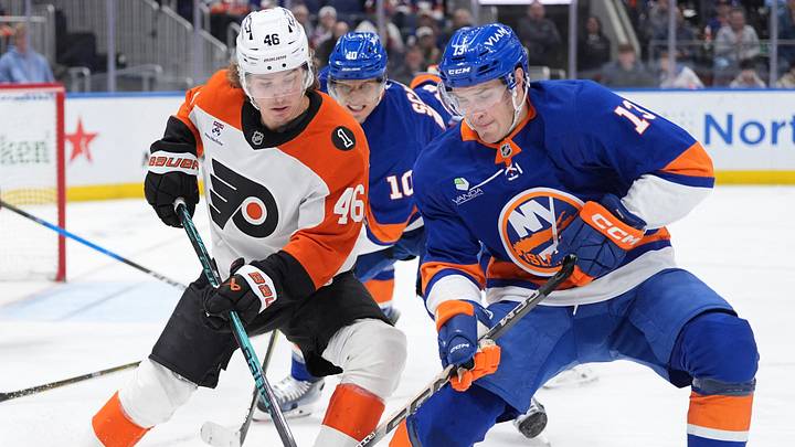 Apr 3, 2026; Elmont, New York, USA; Philadelphia Flyers forward Trevor Zegras (46) and New York Islanders fordward Mathew Barzal (13) battle for a puck during the third period at UBS Arena. Mandatory Credit: Alexander Wohl-Imagn Images Apr 3, 2026; Elmont, New York, USA; Philadelphia Flyers forward Trevor Zegras (46) and New York Islanders fordward Mathew Barzal (13) battle for a puck during the third period at UBS Arena. Mandatory Credit: Alexander Wohl-Imagn Images