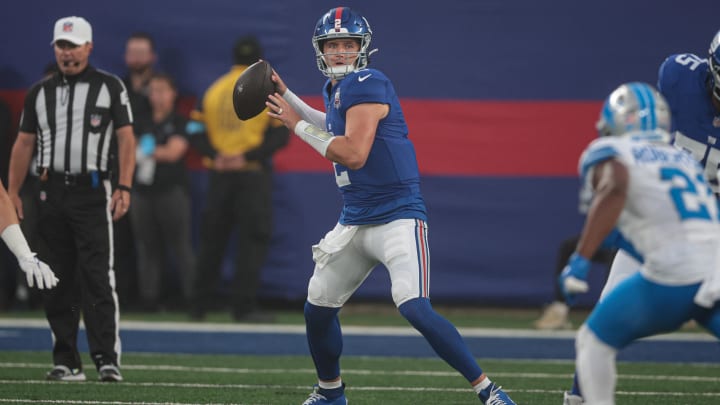 Aug 8, 2024; East Rutherford, New Jersey, USA; New York Giants quarterback Drew Lock (2) throws the ball against the Detroit Lions at MetLife Stadium.  