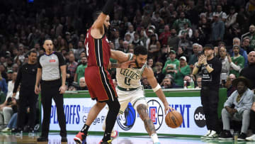 Apr 21, 2024; Boston, Massachusetts, USA; Boston Celtics forward Jayson Tatum (0) controls the ball