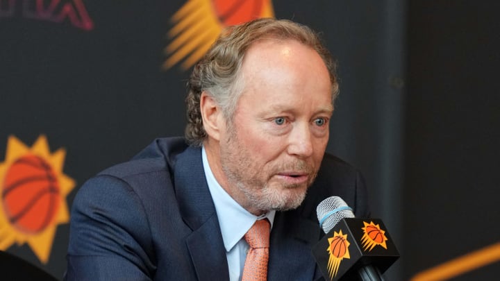 May 17, 2024; Phoenix, AZ, USA; Mike Budenholzer speaks during a press conference to announce his job as head coach of the Phoenix Suns. Mandatory Credit: Joe Camporeale-USA TODAY Sports