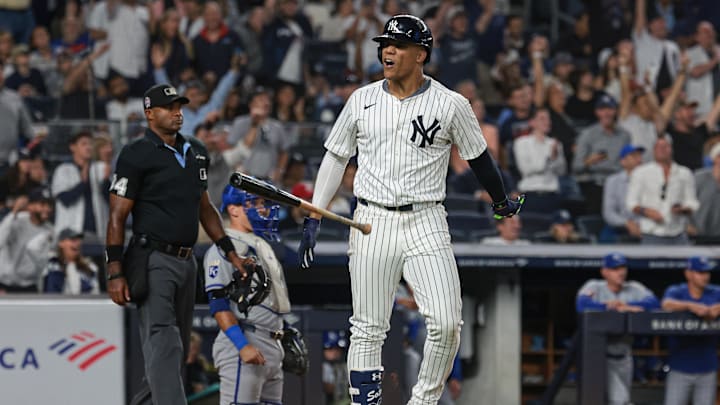 Sep 11, 2024; Bronx, New York, USA; New York Yankees right fielder Juan Soto (22) reacts after his two run home run during the sixth inning against the Kansas City Royals at Yankee Stadium. 