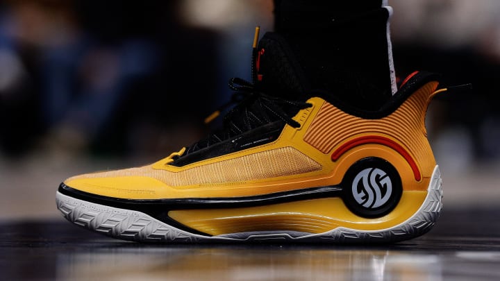 Feb 29, 2024; Denver, Colorado, USA; A detail view of the shoes worn by Denver Nuggets forward Aaron Gordon (50) in the fourth quarter against the Miami Heat at Ball Arena. 