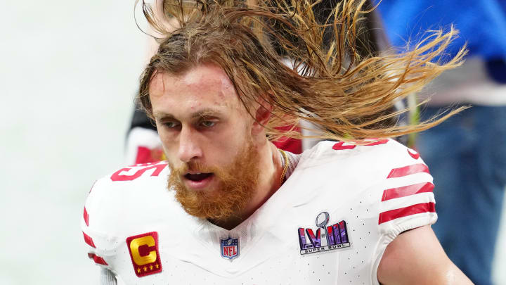 Feb 11, 2024; Paradise, Nevada, USA; San Francisco 49ers tight end George Kittle (85) warms up before playing against the Kansas City Chiefs in Super Bowl LVIII at Allegiant Stadium. Mandatory Credit: Stephen R. Sylvanie-USA TODAY Sports