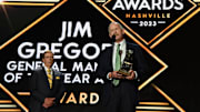Dallas Stars general manager Jim Nill is awarded the Jim Gregory General Manager of the Year award.