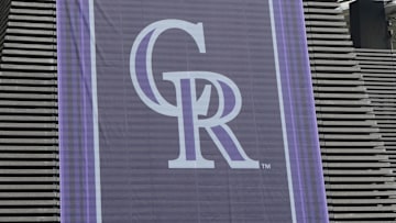 Apr 26, 2024; Mexico City, Mexico;  A banner with the Colorado Rockies logo at Estadio Alfredo Harp Helu. 