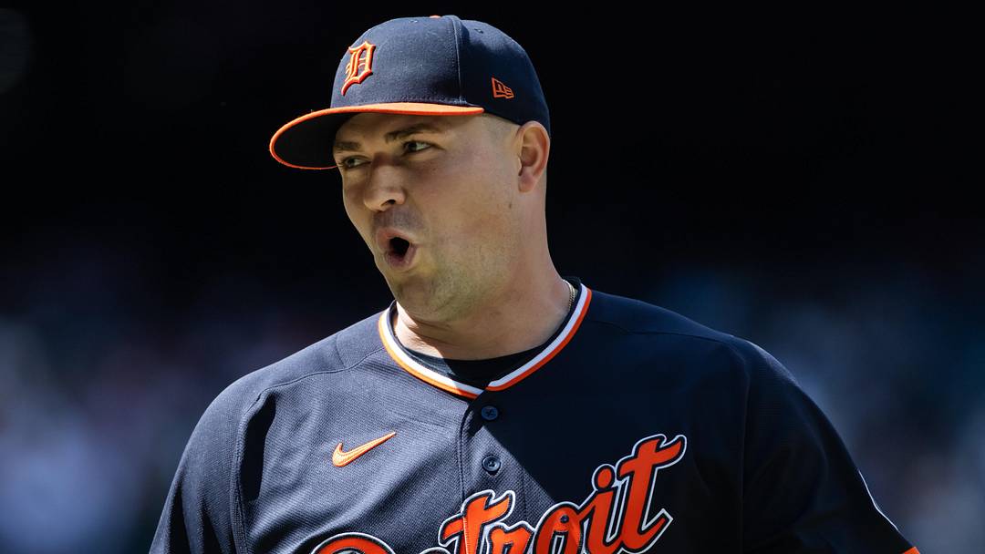 Apr 1, 2026; Phoenix, Arizona, USA; Detroit Tigers pitcher Tarik Skubal reacts against the Arizona Diamondbacks at Chase Field. Mandatory Credit: Mark J. Rebilas-Imagn Images