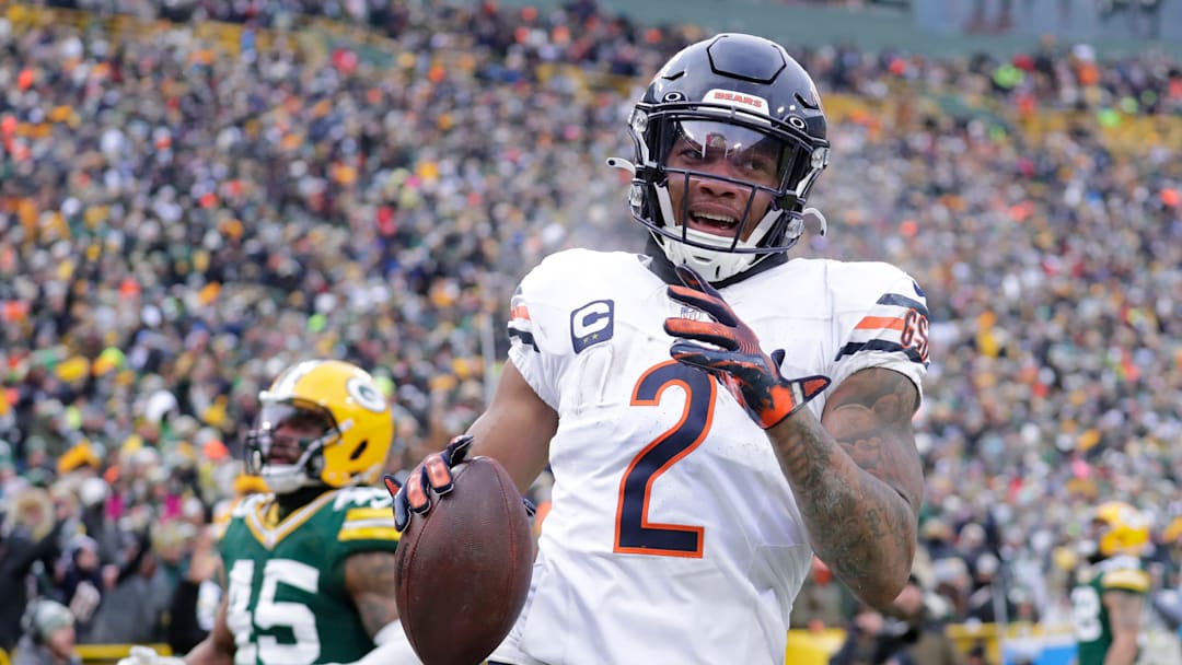 Chicago Bears wide receiver DJ Moore (2) scores a touchdown on a reception against the Green Bay Packers in the fourth quarter during their football game Sunday, January 5, 2025, at Lambeau Field in Green Bay, Wisconsin.