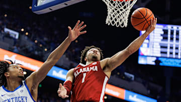 Feb 24, 2024; Lexington, Kentucky, USA; Alabama Crimson Tide guard Mark Sears (1) goes to the basket during the first half against the Kentucky Wildcats at Rupp Arena at Central Bank Center. Mandatory Credit: Jordan Prather-Imagn Images