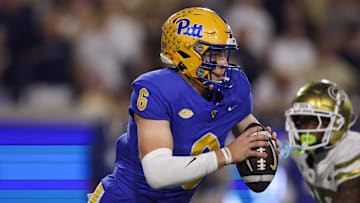 Nov 22, 2025; Atlanta, Georgia, USA; Pittsburgh Panthers quarterback Mason Heintschel (6) scrambles against the Georgia Tech Yellow Jackets in the fourth quarter at Bobby Dodd Stadium at Hyundai Field. Mandatory Credit: Brett Davis-Imagn Images