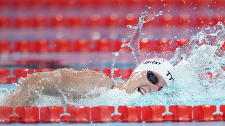 Jul 30, 2024; Nanterre, France; Katie Ledecky (USA) in the women’s 1,500-meter freestyle preliminary heats during the Paris 2024 Olympic Summer Games at Paris La Défense Arena. Mandatory Credit: Grace Hollars-USA TODAY Sports