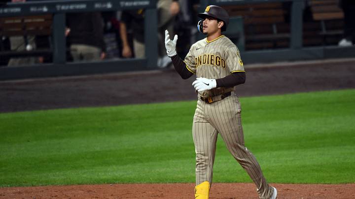 Sep 16, 2026; Denver, Colorado, USA; San Diego Padres catcher Ethan Salas (8) celebrates after hitting a home run in the second inning against the Colorado Rockies at Coors Field. Mandatory Credit: Christopher Hanewinckel-Imagn Images