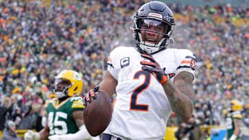 Chicago Bears wide receiver DJ Moore (2) scores a touchdown on a reception against the Green Bay Packers in the fourth quarter during their football game Sunday, January 5, 2025, at Lambeau Field in Green Bay, Wisconsin.
