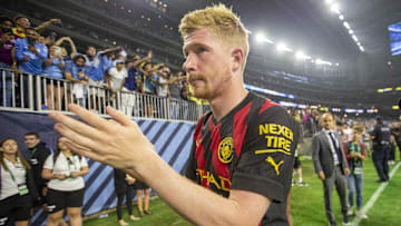 Jul 20, 2022; Houston, TX, USA; Manchester City midfielder Kevin De Bruyne (17), named the man of the match, claps his hand as he walks off the pitch after  defeating Club America at NRG Stadium in Houston, TX. Mandatory Credit: Thomas Shea-Imagn Images