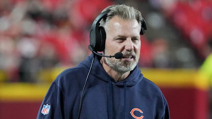 Aug 22, 2024; Kansas City, Missouri, USA; Chicago Bears head coach Matt Eberflus watches play against the Kansas City Chiefs during the game at GEHA Field at Arrowhead Stadium. Mandatory Credit: Denny Medley-Imagn Images