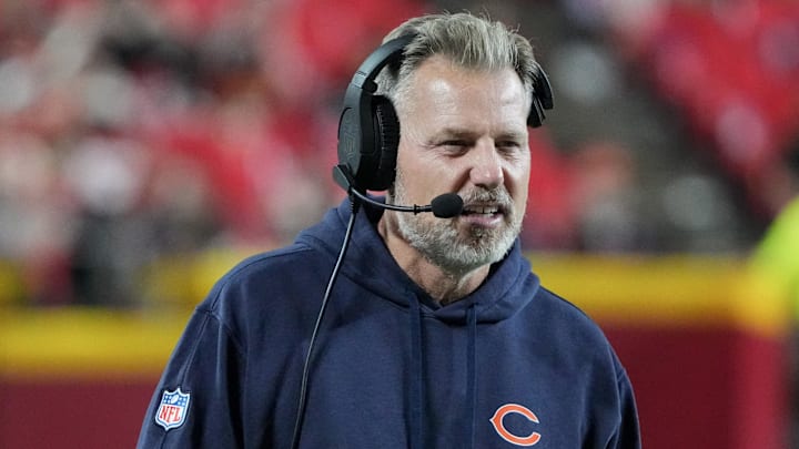 Aug 22, 2024; Kansas City, Missouri, USA; Chicago Bears head coach Matt Eberflus watches play against the Kansas City Chiefs during the game at GEHA Field at Arrowhead Stadium. Mandatory Credit: Denny Medley-Imagn Images