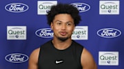 Aug 4, 2025; East Rutherford, NJ, USA; New York Giants linebacker Darius Muasau (53) talks with media during training camp at Quest Diagnostics Training Center.  