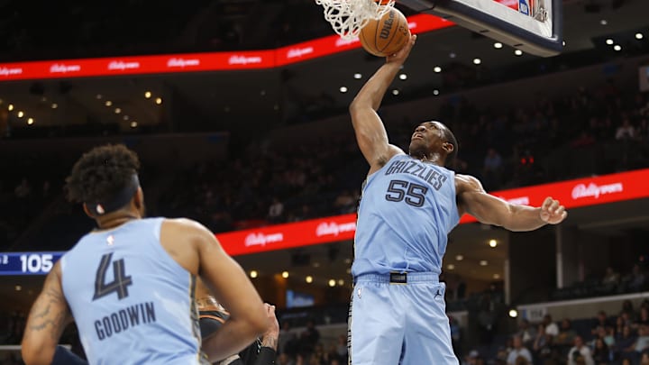 Mar 12, 2024; Memphis, Tennessee, USA; Memphis Grizzlies center Trey Jemison (55) dunks off an
