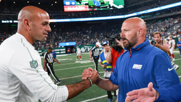 Aug 24, 2024; East Rutherford, New Jersey, USA; New York Jets head coach Robert Saleh, left, shakes hands with New York Giants head coach Brian Daboll after the game at MetLife Stadium. Mandatory Credit: Vincent Carchietta-USA TODAY Sports