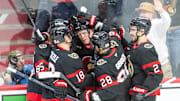 Jan 26, 2025; Ottawa, Ontario, CAN; The Ottawa Senators celebrate a goal scored by left wing Brady Tkachuk (7) in the third period against Utah at the Canadian Tire Centre. Mandatory Credit: Marc DesRosiers-Imagn Images