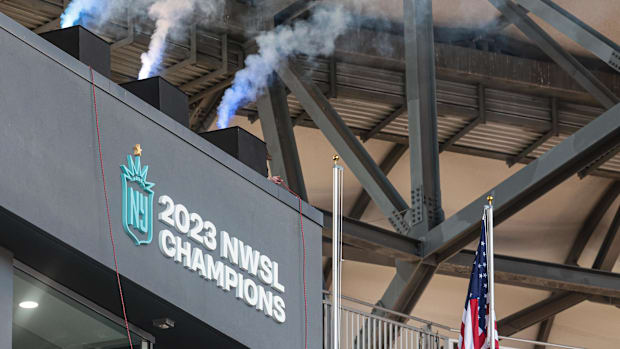 NJ/NY Gotham FC's 2023 championship fixture is displayed before the match at Red Bull Arena.