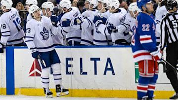 Mar 20, 2025; New York, New York, USA;  Toronto Maple Leafs left wing Matthew Knies (23) celebrates his goal against the New York Rangers during the second period at Madison Square Garden. Mandatory Credit: Dennis Schneidler-Imagn Images